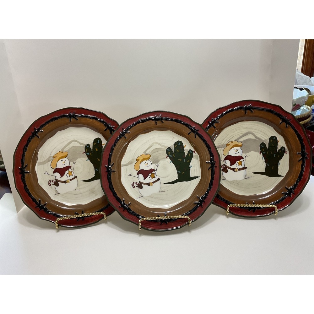 Sonoma‎ Happy Trails Holiday Cowboy Snowman Dinner Plates Set of 3 Western 8.5"